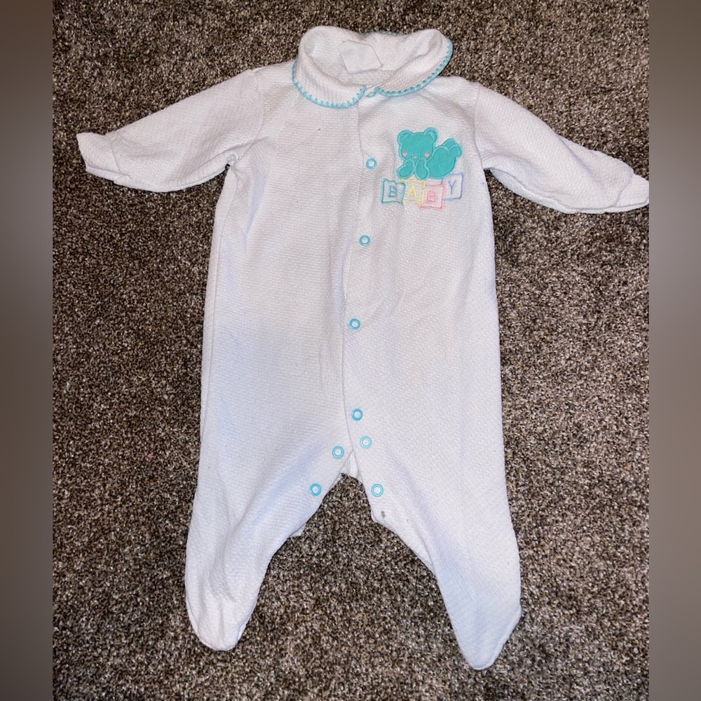 VINTAGE White Baby One Piece with Blue Bear Design
